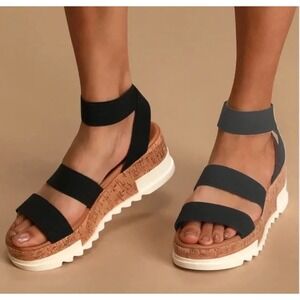 Steve Madden Bandi Black Elastic Cork Platform Wedge Sandals Women Size 8